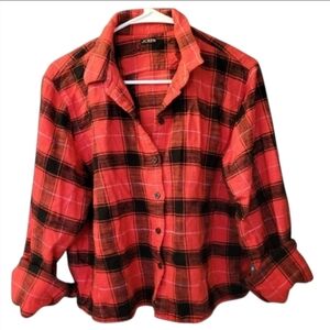J.CREW Cropped Red Black Plaid Button Down Cabincore Flannel, Womens Size 10